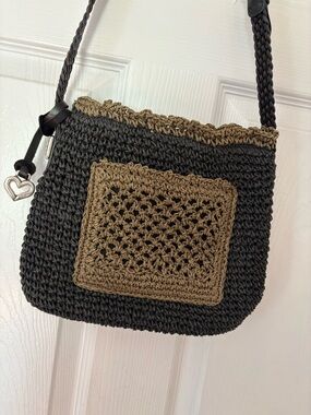 Brighton Black and Tan Crochet Crossbody with Iconic Heart Charm Boho Coastal